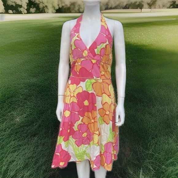 Lilly Pulitzer Willa Halter Top Dress Sz 8 Pink Bright Floral A Line Sundress - Picture 1 of 9